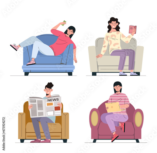 People sit at sofa set. Women with newspaper and smartphone at armchairs. Comfort and coziness indoor. Characters rest and relax. Cartoon flat vector collection isolated on white background