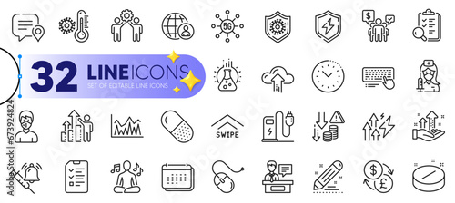 Outline set of Analysis graph, Chemistry lab and Capsule pill line icons for web with Vaccination, Investment, Charging station thin icon. Interview, Exhibitors, Teamwork pictogram icon. Vector