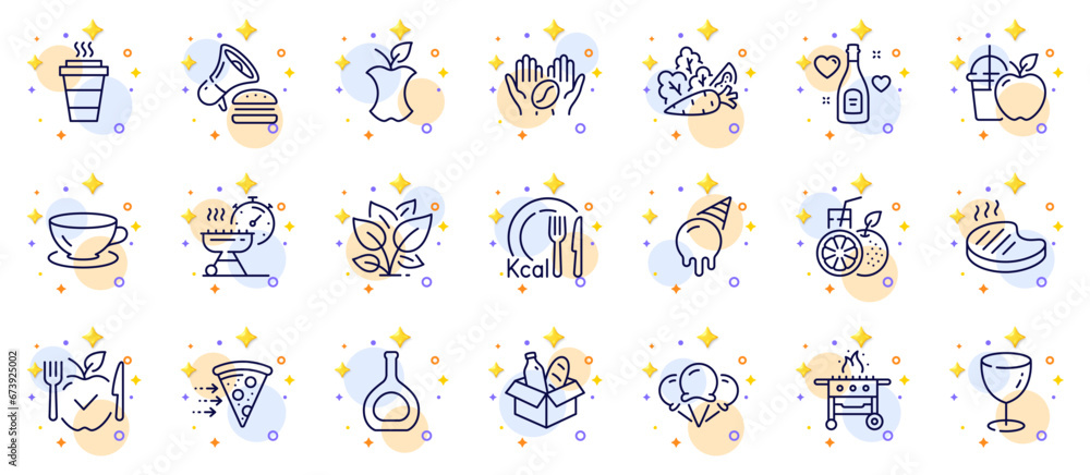 Obraz premium Outline set of Orange juice, Grill time and Food donation line icons for web app. Include Grilled steak, Leaf, Food delivery pictogram icons. Organic waste, Vegetables, Juice signs. Vector