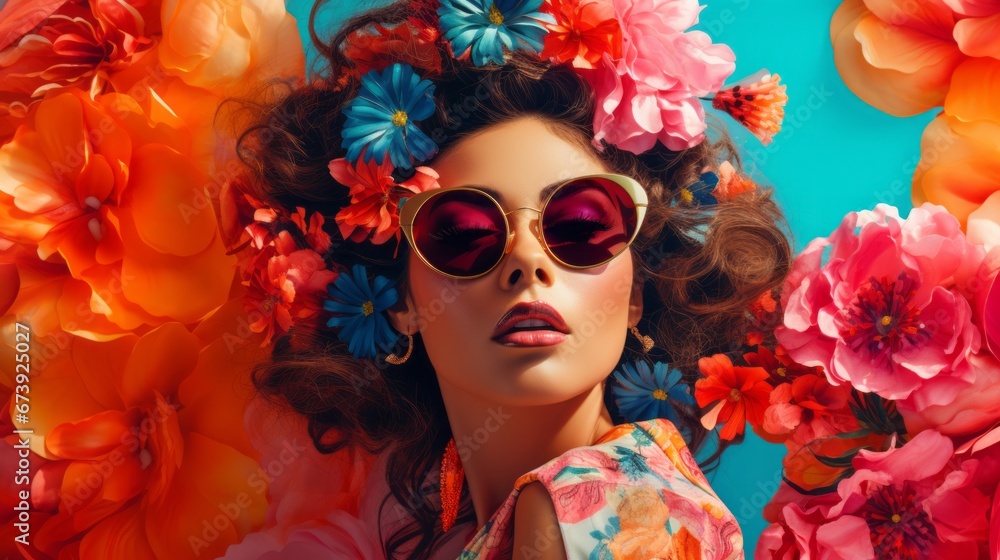 Fototapeta premium fashion glamour stylish summertime carefree leisure advertisment commercial photoshoot woman summer casual dress with sun glasses outdoor decorate with flower floral element composition mood board