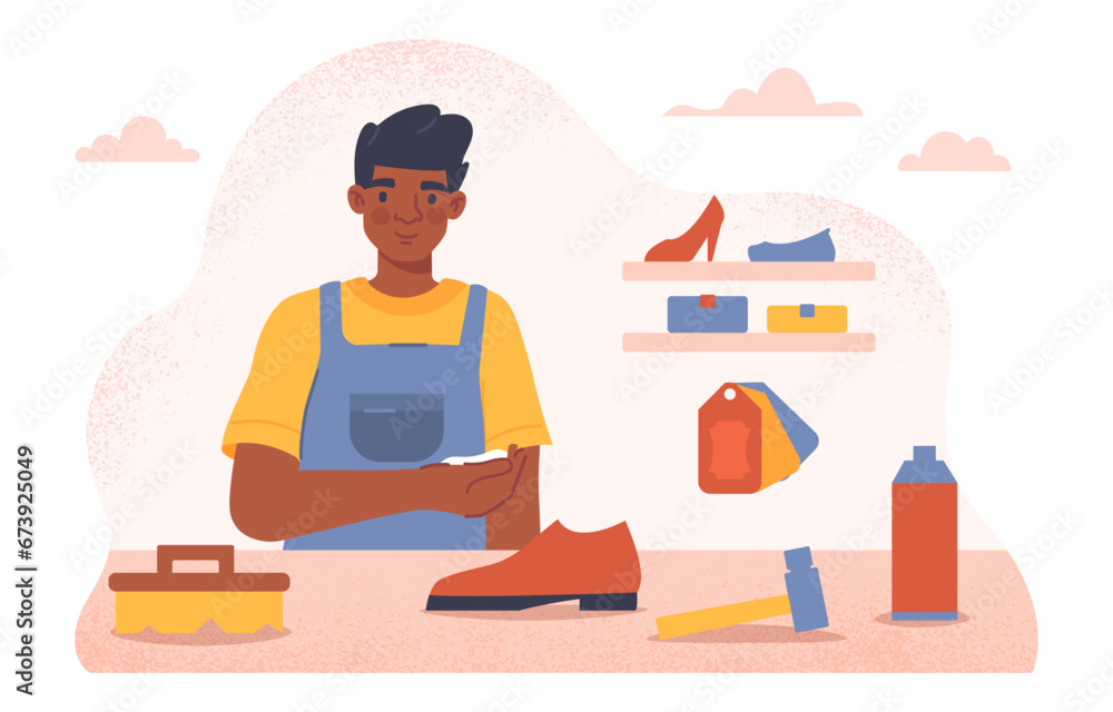 Man shoemaker at workplace. Young guy in uniform with glue near boots. Repair and fix elements, production of clothing. Beauty, aesthetics and elegance. Cartoon flat vector illustration