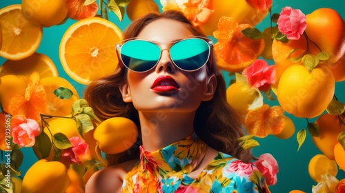 fashion glamour stylish summertime carefree leisure advertisment commercial photoshoot woman summer casual dress with sun glasses outdoor decorate with flower floral element composition mood board