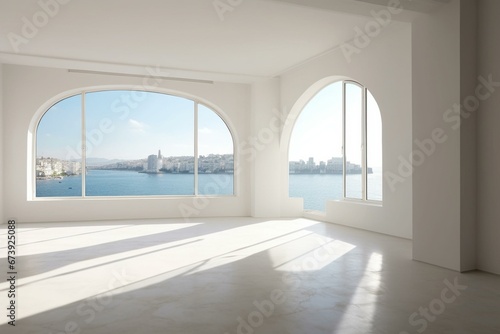 A vacant contemporary space in a city flat with simple all-white walls and a large window overlooking the bay. Generative AI