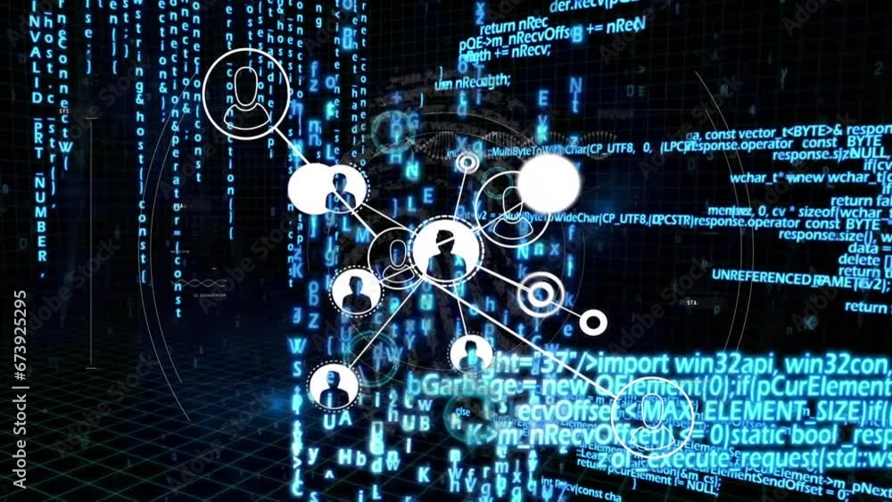 Animation of network of profile icons, data processing and blue light spots against black background Animation of network of profile icons, data processing and blue light spots against black background