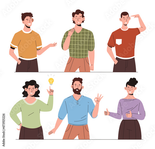 People with gestures set. Men and women with emotions and facial expressions. Feelings and moods. Stickers for social networks. Cartoon flat vector collection isolated on white background