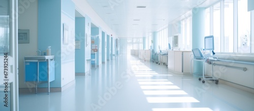 Modern hospital corridor and people with long exposure effect, blurred photo