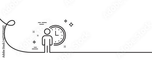 Person waiting line icon. Continuous one line with curl. Service time sign. Clock symbol. Waiting single outline ribbon. Loop curve pattern. Vector
