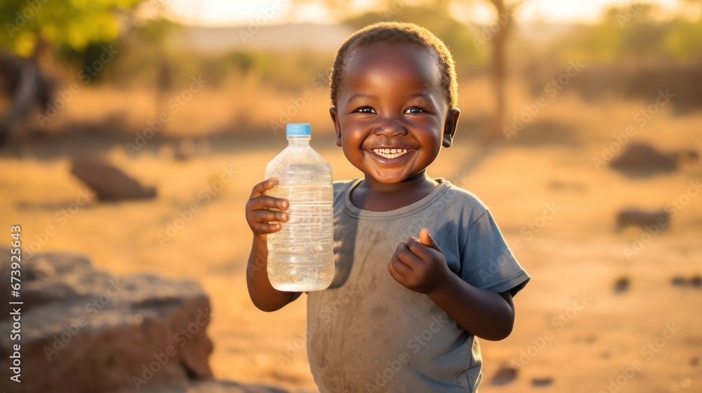 Happy little thirsty child with bottle of pure fresh drinking water in his hand. The issue of water supply to the driest areas of Africa. - obrazy, fototapety, plakaty 