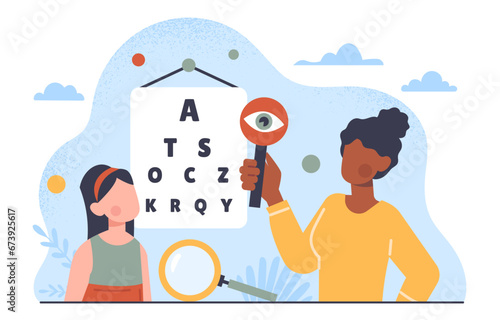 Girl with vision test concept. Pediatrician with child. Medical research and healthcare. Treatment and diagnosis. Optometry and ophthalmologist with patient. Cartoon flat vector illustration