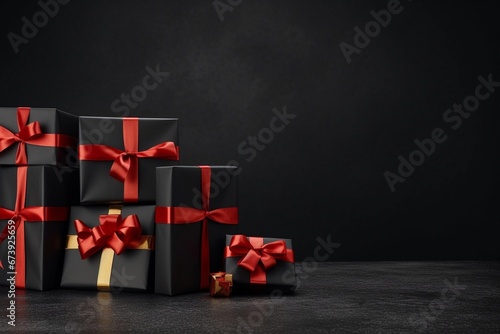 black gift box with red ribbon on dark background, space for text