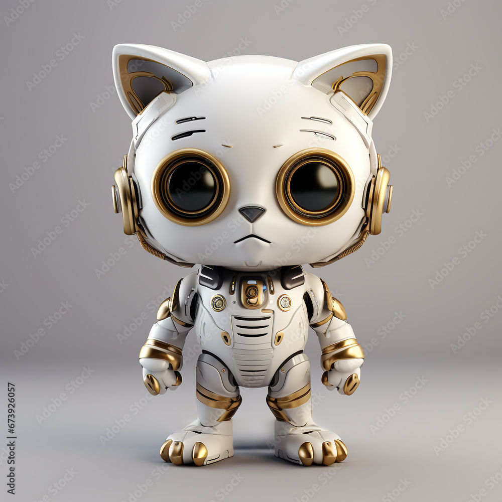 3d robot cat white with gold on a neutral background 3d robot cat white with gold on a neutral background