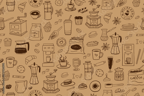Seamless pattern of hand drawn coffee theme elements in doodle style. Coffee time. 
Coffee machine. Candy. Vector illustration EPS10. Isolated on beige background