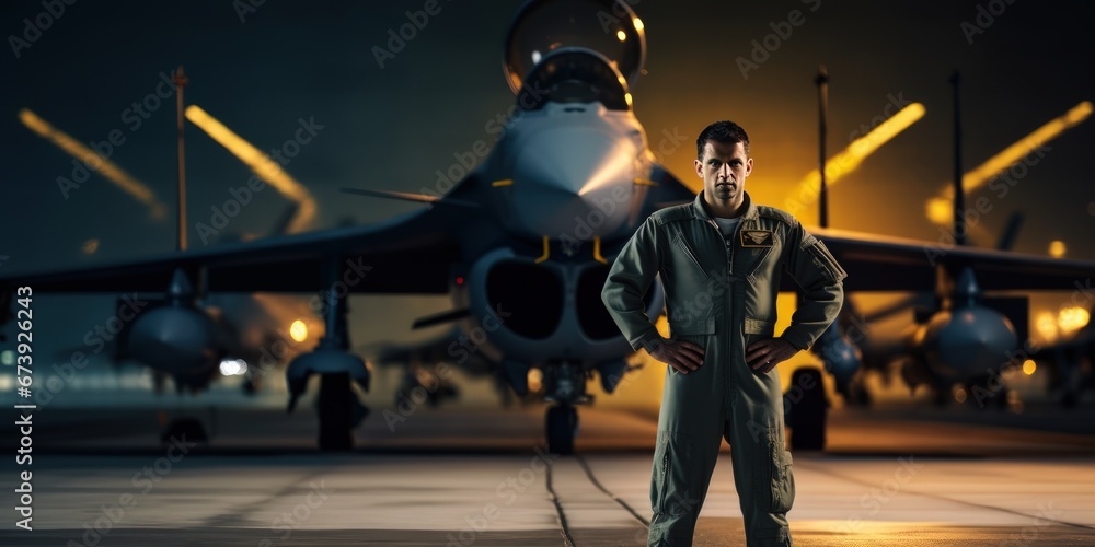 Portrait of a modern fighter pilot. Serious young Caucasian pilot posing against the backdrop of a modern fighter jets. - obrazy, fototapety, plakaty 