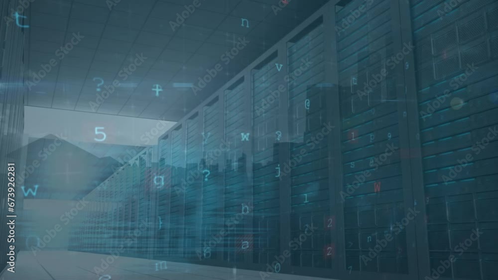 Animation of screens with cyber security data processing against computer server room Animation of screens with cyber security data processing against computer server room