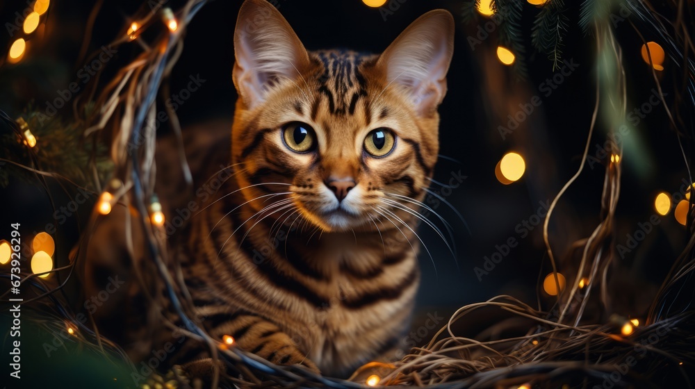 Bengal cat. Portrait in Happy New Year decorations: garlands and Christmas tree branches. Bengal. Horizontal banking poster background for advertisement. Photo AI Generated