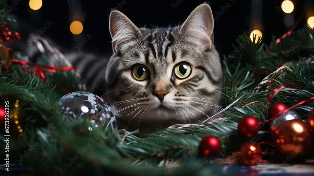 American shorthair cat. Happy New Year portrait in Christmas tree branches and garlands. American shorthair. Horizontal banking poster background for ad. Photo AI Generated American shorthair cat. Happy New Year portrait in Christmas tree branches and garlands. American shorthair. Horizontal banking poster background for ad. Photo AI Generated