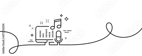 Podcast line icon. Continuous one line with curl. Studio mic sign. Voice record microphone symbol. Podcast single outline ribbon. Loop curve pattern. Vector