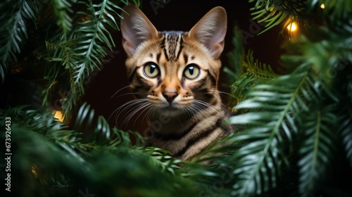 Bengal cat. Happy New Year portrait in Christmas tree branches and garlands. Bengal. Horizontal banking poster background for advertisement. Photo AI Generated