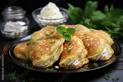 Pancakes with cottage cheese and mint. Thin pancakes with fillings. Maslenitsa