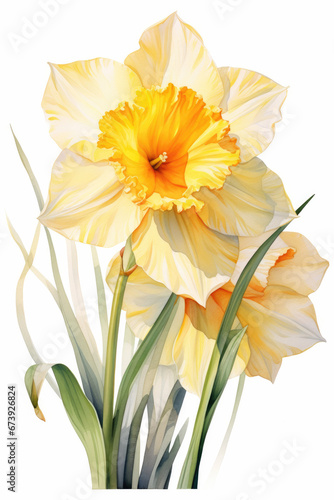 A watercolor-style daffodil, painted with delicate strokes, set against a pristine white background. #673926824