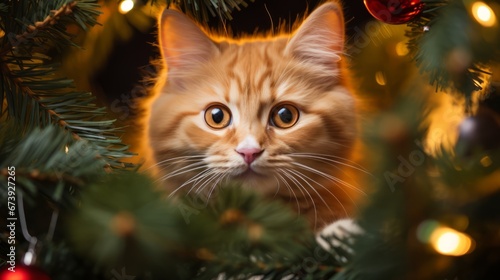 Minsk cat. Portrait in Happy New Year decorations: garlands and Christmas tree branches. Minsk. Horizontal banking poster background for ad. Photo AI Generated