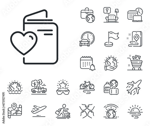 Wedding passport sign. Plane jet, travel map and baggage claim outline icons. Love document line icon. Couple relationships symbol. Love document line sign. Car rental, taxi transport icon. Vector