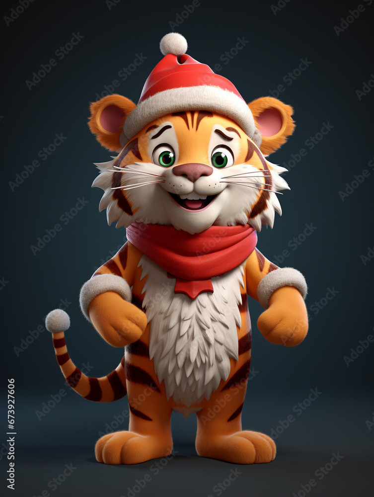 A 3D Cartoon Tiger Dressed Up as Santa Claus A 3D Cartoon Tiger Dressed Up as Santa Claus