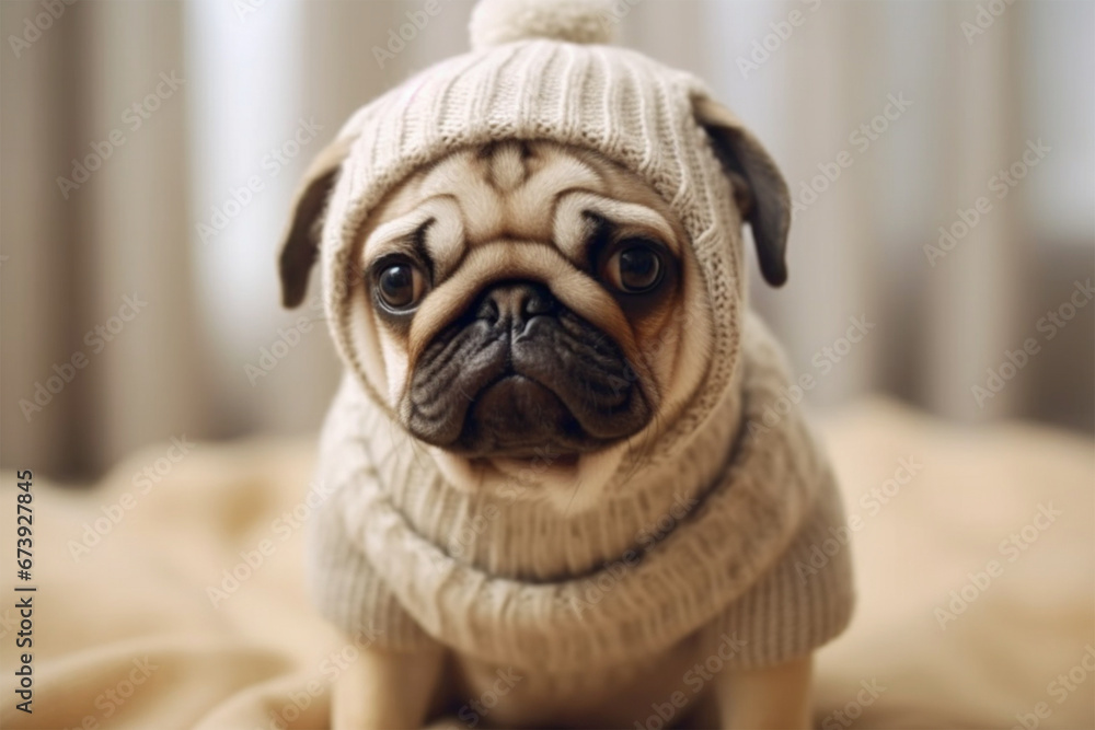 cute dog wearing white sweater and hat