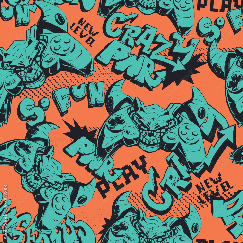 Cartoon seamless pattern with monster gamepad. Evil monster cartoon Character of gamepads on orange background with text.