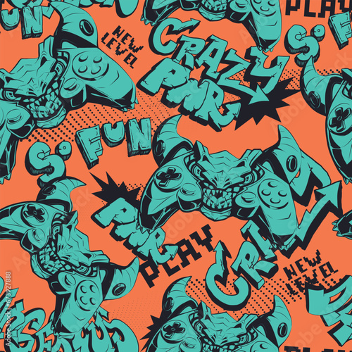 Cartoon seamless pattern with monster gamepad. Evil monster cartoon Character of gamepads on orange background with text.