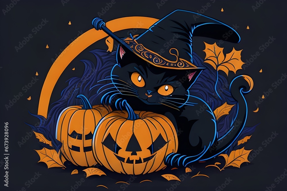 A detailed illustration of a print of a colorful cute black cat rides a broom has orange eyes and it wear witch hat and hold a book and peen next to a cute Halloween Pumpkin, hyper realistic high qual A detailed illustration of a print of a colorful cute black cat rides a broom has orange eyes and it wear witch hat and hold a book and peen next to a cute Halloween Pumpkin, hyper realistic high qual