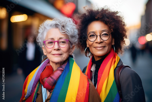 Mature lesbian women wearing a LGBT flag at a gay pride day parade. Diversity and equality photo