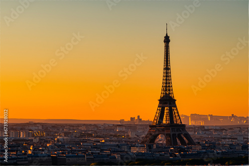 Paris and eiffel tower city at sunset. Generative AI