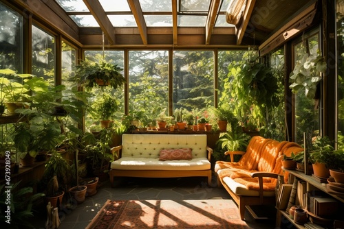 Stunning mid-century sun room in a cottage filled with garden plants. Generative AI © Elara