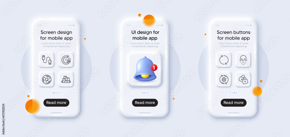 Face recognition, Air fan and Refresh line icons pack. 3d phone mockups with bell alert. Glass smartphone screen. Cogwheel, Charging cable, 24h delivery web icon. Vector Face recognition, Air fan and Refresh line icons pack. 3d phone mockups with bell alert. Glass smartphone screen. Cogwheel, Charging cable, 24h delivery web icon. Vector