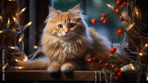 Ragamuffin cat portrait, Happy New Year in decorations: garlands, Christmas tree branches. Ragamuffin. Horizontal banking background for web. Photo AI Generated