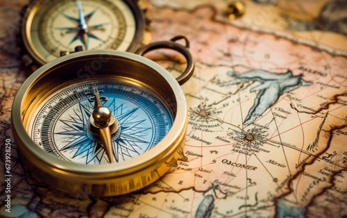 Vintage compass on old map. Vintage style. Selective focus.