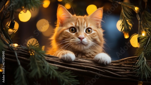 Regdol cat portrait in Christmas tree branches and garlands, Happy New Year. Regdol. Horizontal banking background for web. Photo AI Generated © Anastasia