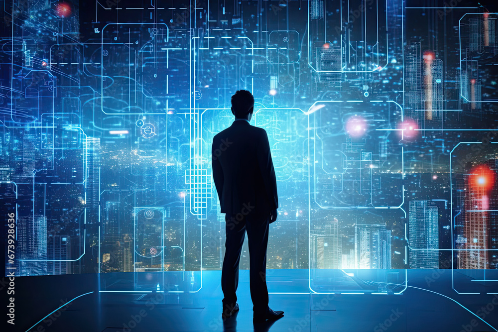 Adult man in business attire observes a futuristic holographic city display, reflecting advanced urban technology and innovation. Adult man in business attire observes a futuristic holographic city display, reflecting advanced urban technology and innovation.