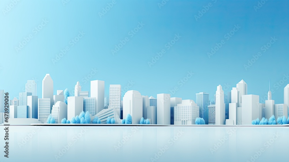 Bright 3D city skyline featuring white modern structures, blue accents, and reflective surface below.