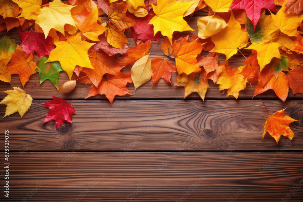 Obraz premium Autumnal Elegance, Maple Leaves on Wooden Surface