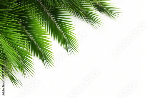Tropical beach coconut palm tree leaves isolated on white background  green palm fronds layout for summer and tropical nature concepts  Generative AI