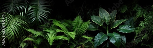 Tropical rainforest foliage plants bushes  ferns  palm  philodendrons and tropic plants leaves  in tropical garden on black background  green variegated leaves pattern  frame forest  Generative AI