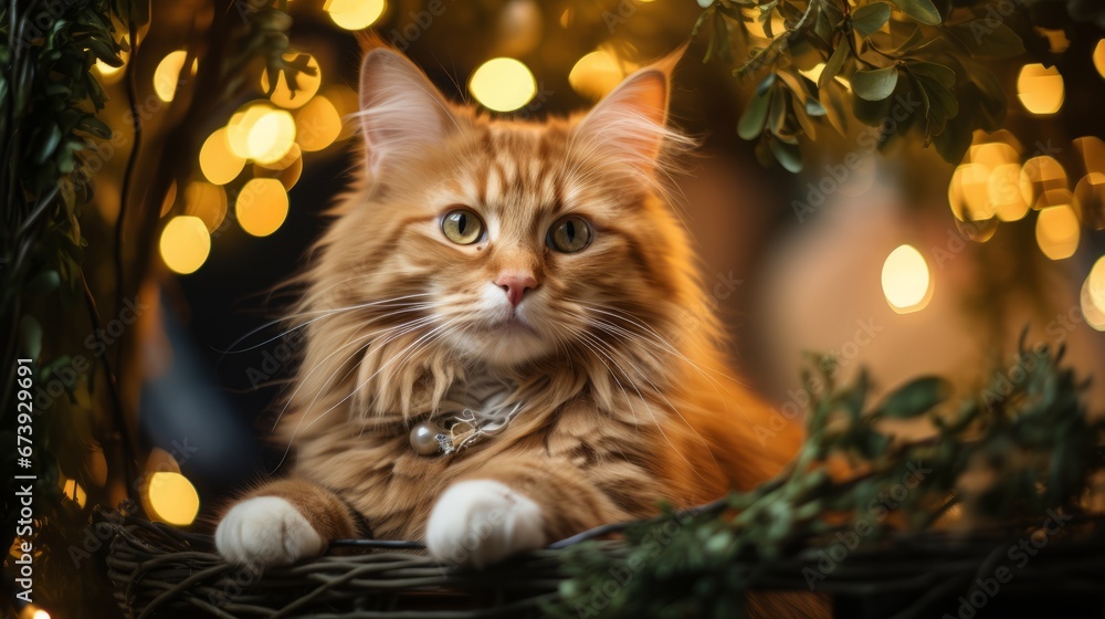 Singaporean cat portrait, Happy New Year in decorations: garlands, Christmas tree branches. Singaporean. Horizontal banking background for web. Photo AI Generated