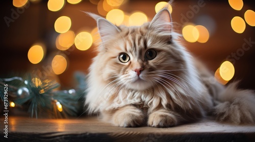 Siberian cat portrait in Christmas tree branches and garlands, Happy New Year. Siberian. Horizontal banking background for web. Photo AI Generated