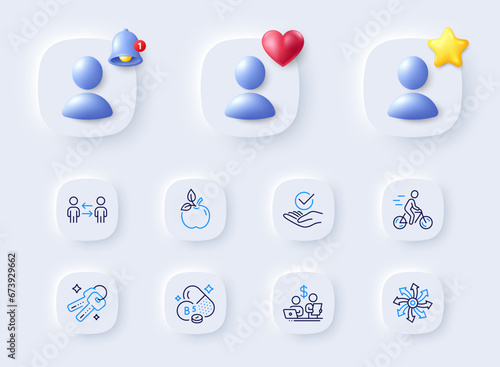 Keys, Pantothenic acid and Teamwork business line icons. Placeholder with 3d bell, star, heart. Pack of Approved, Versatile, Cyclist icon. Budget accounting, Eco food pictogram. Vector