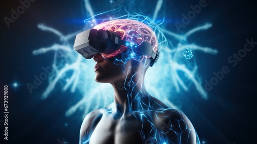 Human use VR goggles showing 3D brain for technology