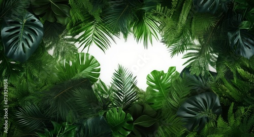 Green leaves of tropical plants bush  Monstera  palm  fern  rubber plant  pine  birds nest fern  foliage floral arrangement nature frame backdrop  Generative AI