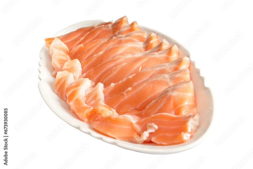 Sliced salmon fillets flashes on a plate. PNG isolated on transparent background.