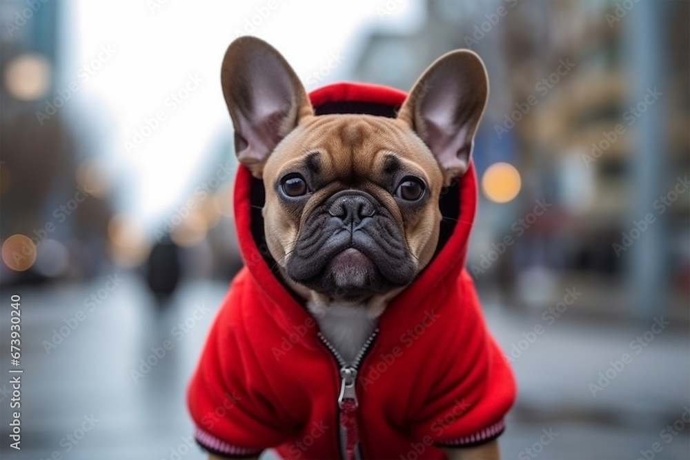 French bulldog in red hoodie